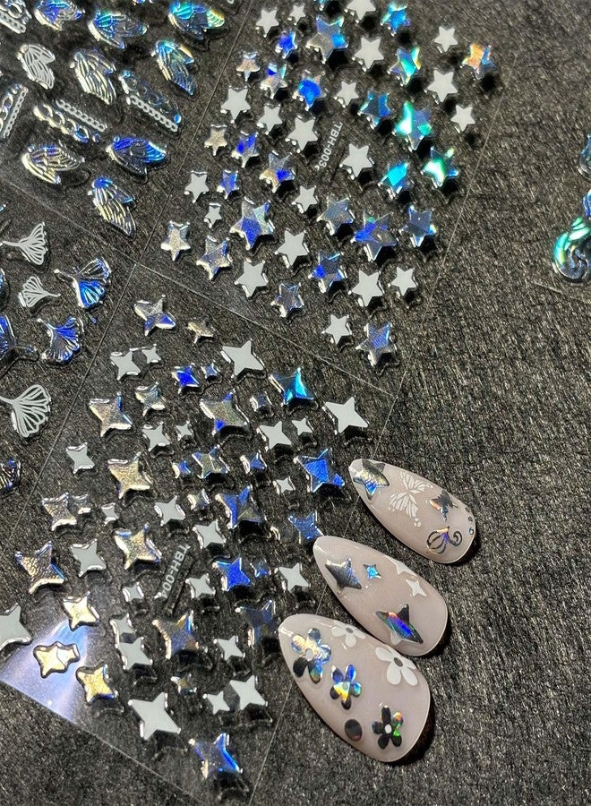 Maigitur 3000Pcs 60 Sheets Silver Nail Art Stickers Silver Aurora Nail Stickers Decals 3D Self-Adhesive Star Flower Nail Decals for Women Girls Salon Home DIY Manicure Nail with Tweezers Included… - Image 4